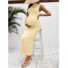 imageOYOANGLE Womens Maternity Mock Neck Sleeveless Ruched Dress Pregnancy Bodycon Maxi Tank Dresses Baby Shower PhotoshootYellow