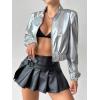 imageOYOANGLE Womens Metallic Zip Up Crop Jacket Long Sleeve Mock Neck Bomber Jackets OuterwearSilver