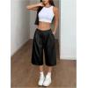 imageOYOANGLE Womens Pleated Bermuda Shorts Low Waisted Loose Wide Leg Dressy Shorts with PocketBlack