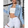 imageOYOANGLE Womens Ripped Cropped Denim Jacket Long Sleeve Distressed Raw Hem Button Up CoatsDark Wash