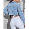 imageOYOANGLE Womens Ripped Cropped Denim Jacket Long Sleeve Distressed Raw Hem Button Up CoatsDark Wash