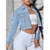 imageOYOANGLE Womens Ripped Cropped Denim Jacket Long Sleeve Distressed Raw Hem Button Up CoatsDark Wash