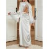 imageOYOANGLE Womens Satin Robe Long Sleeve Backless Lace Trim Belted Bathrobes for Wedding Party Getting ReadyWhite