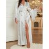 imageOYOANGLE Womens Satin Robe Long Sleeve Backless Lace Trim Belted Bathrobes for Wedding Party Getting ReadyWhite