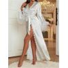imageOYOANGLE Womens Satin Robe Long Sleeve Backless Lace Trim Belted Bathrobes for Wedding Party Getting ReadyWhite