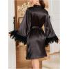 imageOYOANGLE Womens Satin Sheer Robe Fuzzy Silk Belted Bathrobe V Neck Long Bell Sleeve KimonoBlack
