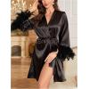 imageOYOANGLE Womens Satin Sheer Robe Fuzzy Silk Belted Bathrobe V Neck Long Bell Sleeve KimonoBlack