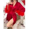 imageOYOANGLE Womens Satin Sheer Robe Fuzzy Silk Belted Bathrobe V Neck Long Bell Sleeve KimonoBurgundy