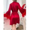 imageOYOANGLE Womens Satin Sheer Robe Fuzzy Silk Belted Bathrobe V Neck Long Bell Sleeve KimonoBurgundy