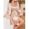 imageOYOANGLE Womens Satin Sheer Robe Fuzzy Silk Belted Bathrobe V Neck Long Bell Sleeve KimonoChampagne