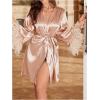 imageOYOANGLE Womens Satin Sheer Robe Fuzzy Silk Belted Bathrobe V Neck Long Bell Sleeve KimonoChampagne