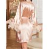 imageOYOANGLE Womens Satin Sheer Robe Fuzzy Silk Belted Bathrobe V Neck Long Bell Sleeve KimonoChampagne