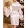 imageOYOANGLE Womens Satin Sheer Robe Fuzzy Silk Belted Bathrobe V Neck Long Bell Sleeve KimonoWhite