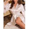 imageOYOANGLE Womens Satin Sheer Robe Fuzzy Silk Belted Bathrobe V Neck Long Bell Sleeve KimonoWhite