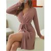 imageOYOANGLE Womens Short Robes Lightweight Knee Length Long Sleeve Spa Robe Soft Stretch Belted Kimono Sleepwear BathrobeDusty Pink