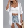imageOYOANGLE Womens Short Sleeve Crochet Cardigan Sweater Lightweight Open Front Boho Kimono OuterwearWhite
