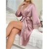 imageOYOANGLE Womens Silk Robe Long Lace Trim Satin Kimono Sleeve Sexy Soft Lightweight Vacation Sleepwear RobePink