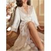 imageOYOANGLE Womens Silk Robe Long Lace Trim Satin Kimono Sleeve Sexy Soft Lightweight Vacation Sleepwear RobeWhite