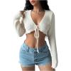 imageOYOANGLE Womens Tie Front Crop Crochet Cardigans Long Sleeve V Neck Knit ShrugsApricot