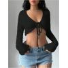 imageOYOANGLE Womens Tie Front Crop Crochet Cardigans Long Sleeve V Neck Knit ShrugsBlack