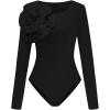 imageOYOANGLE Womens 3D Floral Long Sleeve Bodysuit Crew Neck Slimming Tshirt BodysuitsDeep Black
