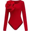 imageOYOANGLE Womens 3D Floral Long Sleeve Bodysuit Crew Neck Slimming Tshirt BodysuitsRed