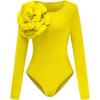 imageOYOANGLE Womens 3D Floral Long Sleeve Bodysuit Crew Neck Slimming Tshirt BodysuitsYellow