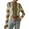 imageOYOANGLE Womens Color Block Striped Crochet Cardigan Sweater Button Up Long Sleeve Crop Knit TopsGreen and Beige