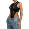 imageOYOANGLE Womens Contrast Mesh Sleeveless Tank Top Bodysuit High Cut Slim Fitted Party Club Rave Body SuitsBlack