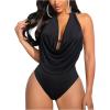 imageOYOANGLE Womens Draped Halter Bodysuits Sleeveless Backless Slim Fit Tank Top BodysuitBlack