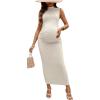 imageOYOANGLE Womens Maternity Mock Neck Sleeveless Ruched Dress Pregnancy Bodycon Maxi Tank Dresses Baby Shower PhotoshootApricot