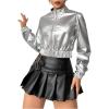 imageOYOANGLE Womens Metallic Zip Up Crop Jacket Long Sleeve Mock Neck Bomber Jackets OuterwearSilver