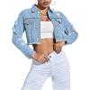imageOYOANGLE Womens Ripped Cropped Denim Jacket Long Sleeve Distressed Raw Hem Button Up CoatsDark Wash