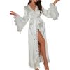 imageOYOANGLE Womens Satin Robe Long Sleeve Backless Lace Trim Belted Bathrobes for Wedding Party Getting ReadyWhite