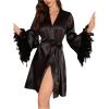 imageOYOANGLE Womens Satin Sheer Robe Fuzzy Silk Belted Bathrobe V Neck Long Bell Sleeve KimonoBlack