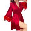 imageOYOANGLE Womens Satin Sheer Robe Fuzzy Silk Belted Bathrobe V Neck Long Bell Sleeve KimonoBurgundy