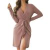 imageOYOANGLE Womens Short Robes Lightweight Knee Length Long Sleeve Spa Robe Soft Stretch Belted Kimono Sleepwear BathrobeDusty Pink