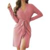 imageOYOANGLE Womens Short Robes Lightweight Knee Length Long Sleeve Spa Robe Soft Stretch Belted Kimono Sleepwear BathrobePink
