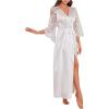 imageOYOANGLE Womens Silk Maxi Robe Short Lace Trim Satin Kimono 34 Sleeve Elegant Vacation Wedding RobesWhite