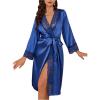 imageOYOANGLE Womens Silk Robe Long Lace Trim Satin Kimono Sleeve Sexy Soft Lightweight Vacation Sleepwear RobeBlue