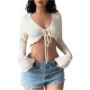 imageOYOANGLE Womens Tie Front Crop Crochet Cardigans Long Sleeve V Neck Knit ShrugsApricot