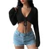imageOYOANGLE Womens Tie Front Crop Crochet Cardigans Long Sleeve V Neck Knit ShrugsBlack