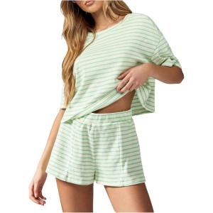 imageOYOANGLE Womens 2 Piece Lounge Set Striped Short Sleeve Sleepwear T Shirt and Shorts Pjs LoungewearMint Green
