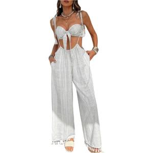imageOYOANGLE Womens 2 Piece Outfits Striped Knot Front Bandeau Crop Top and Fringe Suspender Pants SetGrey