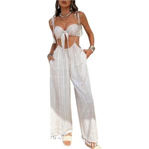imageOYOANGLE Womens 2 Piece Outfits Striped Knot Front Bandeau Crop Top and Fringe Suspender Pants SetMulticolor