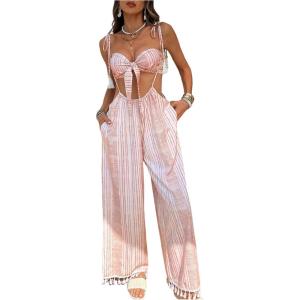 imageOYOANGLE Womens 2 Piece Outfits Striped Knot Front Bandeau Crop Top and Fringe Suspender Pants SetOrange