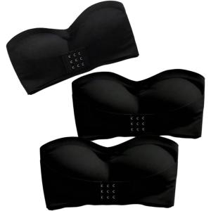 imageOYOANGLE Womens 3 Pack Front Closure Strapless Bandeau Bras Wireless Push Up Comfy Padded BralettesBlack