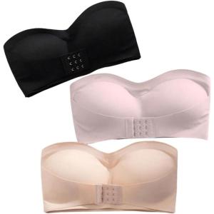 imageOYOANGLE Womens 3 Pack Front Closure Strapless Bandeau Bras Wireless Push Up Comfy Padded BralettesBlack Beige Pink