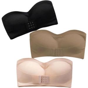 imageOYOANGLE Womens 3 Pack Front Closure Strapless Bandeau Bras Wireless Push Up Comfy Padded BralettesBlack Khaki