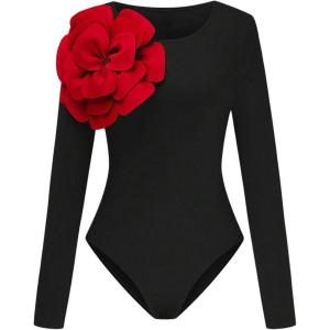 imageOYOANGLE Womens 3D Floral Long Sleeve Bodysuit Crew Neck Slimming Tshirt BodysuitsBlack